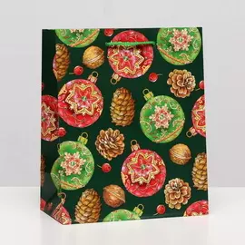 Пакет подарочный «Ёлочные шары, шишки, орехи», 18 х 22,3 х 10 см Тёмно-Зелёный