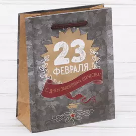 Пакет подарочный крафтовый вертикальный 23 февраля с днём защитника отечества, 18 23 8 см