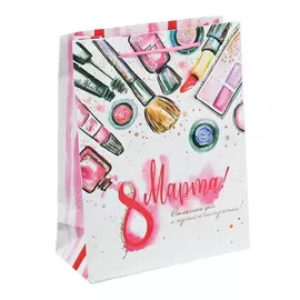 Пакет подарочный маленький 8 марта "Отличного дня и хорошего настроения" рисунок косметика 12 15 5.5 см
