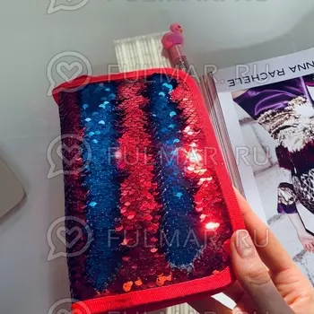 Пенал двухсекционный с пайетками на молнии для девочек меняет цвет Красный-Синий