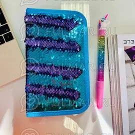 Пенал односекционный с пайетками меняющие цвет Голубой-Лиловый на молнии для девочки