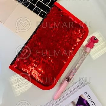 Пенал односекционный с пайетками меняющие цвет Красный-Серебристый на молнии для девочки