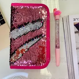 Пенал односекционный с пайетками меняющие цвет Розовый-Серебристый на молнии для девочки