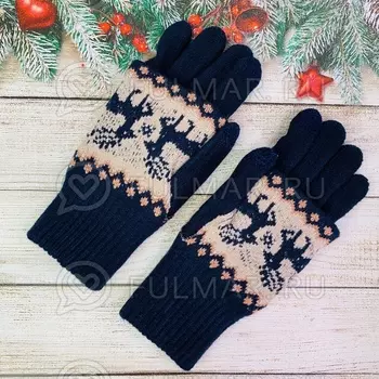 Перчатки для девочки с митёнками сенсорные два пальца Олени Синие