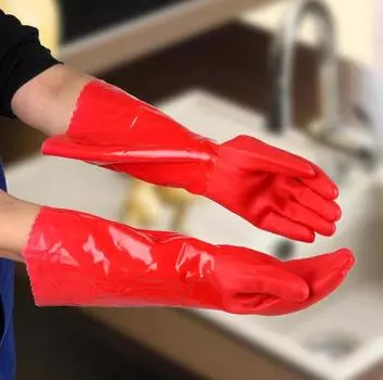 Перчатки хозяйственные латексные с утеплителем, длинные манжеты, цвет красный