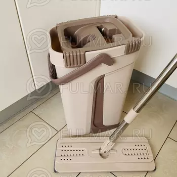 Плоская швабра с микрофиброй и мини ведро для отжима и полоскания (цвет: Бежевый)