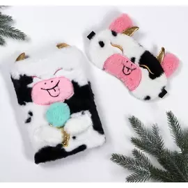 Подарочный Набор девушке: пушистый блокнот, маска для сна Коровка чёрно-белая