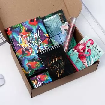 Подарочный набор канцелярии гифт бокс: Ежедневник, Планер недатированный, Мыло, Масло для рук, Прописи, ручки