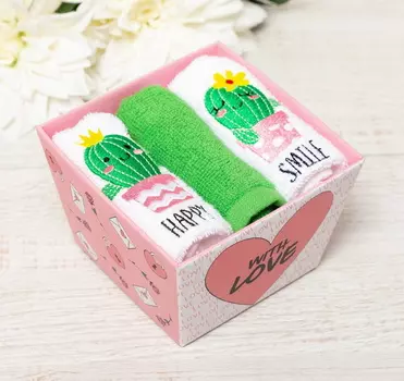 Подарочный набор полотенец с вышивкой 3 штуки "Happy smile" 30х30 см, в коробке