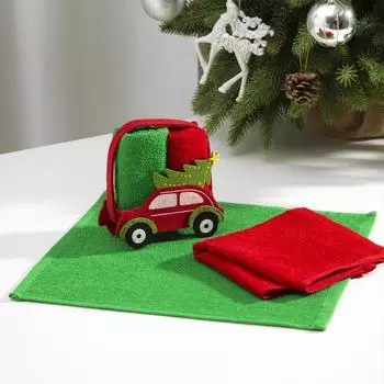 Подарочный набор полотенец в корзинке 2 штуки «Новогодняя машинка» 30х30 см