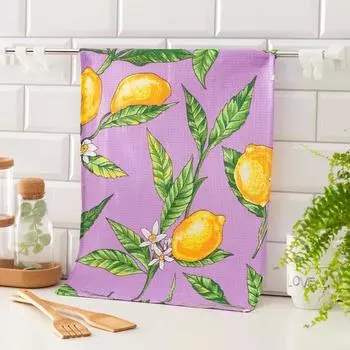 Полотенце вафельное Лимоны, цвет сиреневый 35х50