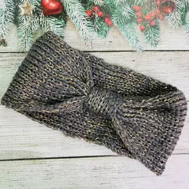 Повязка чалма на голову вязаная цвет: серый-золотистый