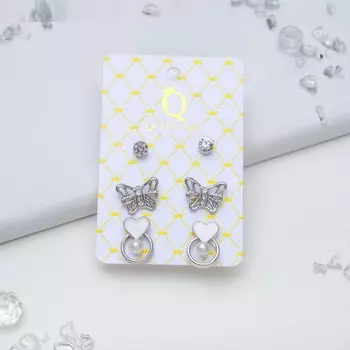 Пусеты 3 пары "Сердечко" с бабочкой, цвет серебро