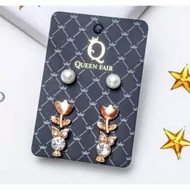 Пусеты 3 пары "Сова и цветок", цвет белый в золоте