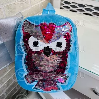 Рюкзак детский плюшевый голубой с пайетками меняет цвет рисунок Сова