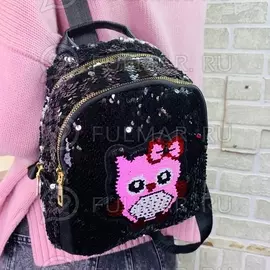 Рюкзак для девочки в пайетках меняет цвет Чёрный-Зеркальный нашивка Сова
