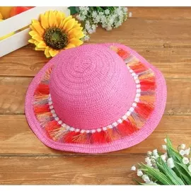 Шляпка детская летняя "Лола с кисточками", р-р 50-52 см, цвет Малиновый на резиночке