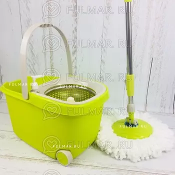 Швабра Спин Моп и ведро с отжимом и полосканием на 2 колесиках с ручкой Салатовое