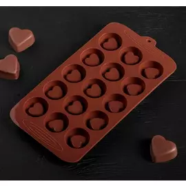 Силиконовая форма для льда и шоколада Сердечки, 15 ячеек, цвет шоколадный