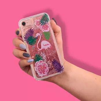 Силиконовый Чехол для телефона iPhone 7 с блёстками внутри «Фламинго»