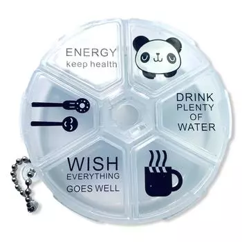 Таблетница контейнер круглая с цепочкой 6 секций Белая