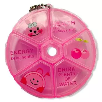 Таблетница контейнер круглая с цепочкой 6 секций Розовая