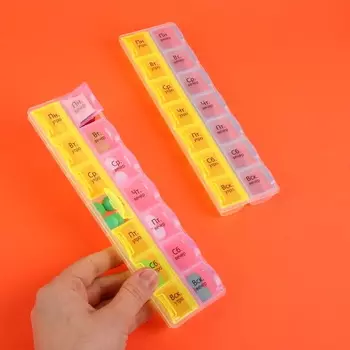 Таблетница-органайзер «Неделька», русские буквы, день/ночь, 14 секций Жёлтая-Голубая