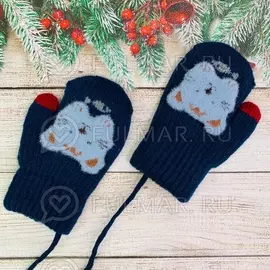 Варежки для ребенка 1 год на шнурке с Котиком Синие