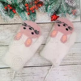 Варежки для ребенка на шнурке с Зайчиком Пушистые Белые 15,5 см