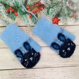 Варежки для ребенка на шнурке с Зайчиком Пушистые Голубые 15,5 см