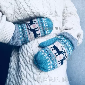 Варежки с оленями шерстяные (Цвет: бирюзовый)