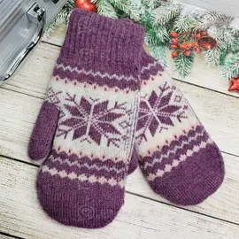 Варежки шерстяные вязаные Большая Снежинка лиловые
