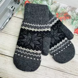 Варежки шерстяные вязаные Большая Снежинка тёмно-серые