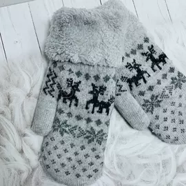 Варежки шерстяные вязаные Северный Олень серые