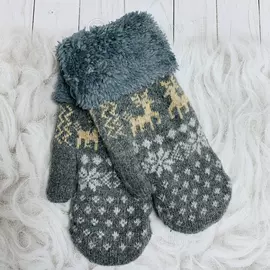 Варежки шерстяные вязаные Северный Олень серые-бежевые
