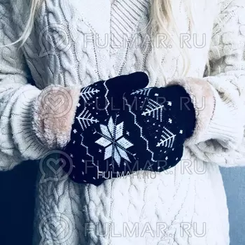 Варежки шерстяные вязаные со снежинками (цвет: черный)