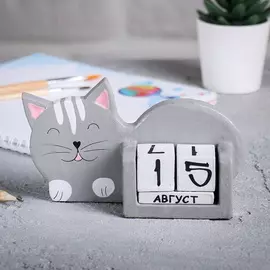 Вечный календарь деревянный "Кот Мурзик" серый