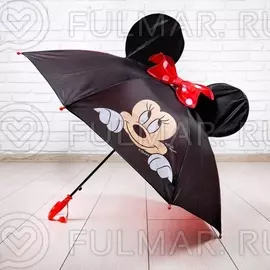 Зонт детский для девочки Микки Маус с ушами и свистком (цвет: черный, красный) с бантиком