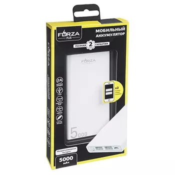 Аккумулятор мобильный FORZA 5000мАч, 2 USB, 2A, пластик, 12х6х1см, 2 цвета