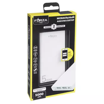 Аккумулятор мобильный FORZA 5000мАч, 2 USB, 2A, пластик, 12х6х1см, 2 цвета