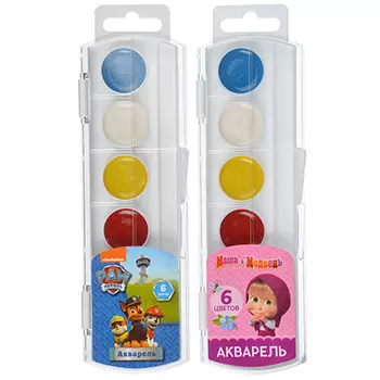 Акварельные краски, 6 цветов, без кисти, "Щенячий патруль, Маша и Медведь", РОСМЭН