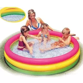 Бассейн надувной детский, надувное дно, заплатка, 147х33 см, возраст от 2 лет, INTEX Цветные кольца,