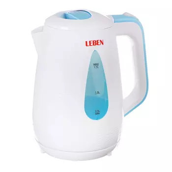 Чайник электрический 1,7 л LEBEN, 1850 Вт, пластик, белый/бирюзовый 291-010