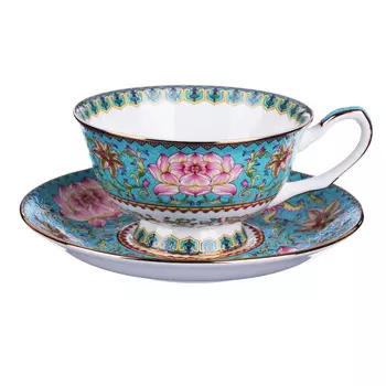 Чайный сервиз 2 предмета, костяной фарфор, 240 мл, подарочная упаковка, MILLIMI "Арабеска бирюза"