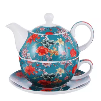 Чайный сервиз MILLIMI Ботаника аквамарин (чайник, чашка, блюдце) костяной фарфор