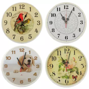 Часы настенные круг 25см, пластик, 4 дизайна