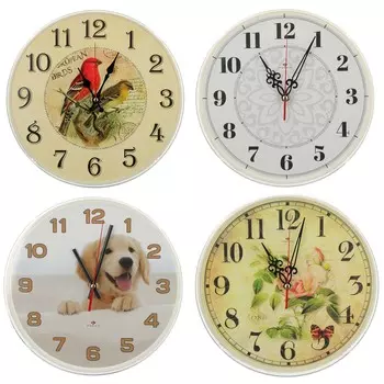 Часы настенные круг 25см, пластик, 4 дизайна