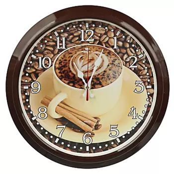 Часы настенные круг d=30см, рама коричневая "Чашечка любимого кофе", пластик, арт.о-02
