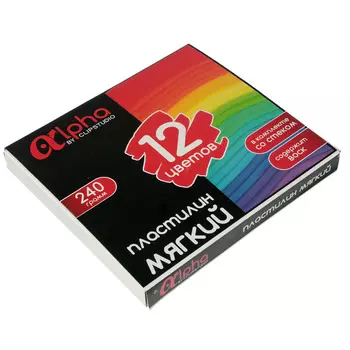 ClipStudio Пластилин мягкий, 12цв. 240г "Альфа", со стеком, в картонной коробке с выб.лаком, ПРЕМИУМ