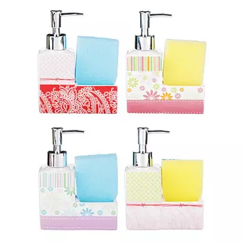 Диспенсер для моющего средства с губкой, керамика, 16х13х6 см, 250 мл, 4 дизайна, VETTA